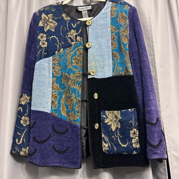 VTG 90'S INDIGO MOON JACKET EMBROIARY WEARABLE ART BLUE GOLD PATCHWORK sz M - Picture 1 of 9
